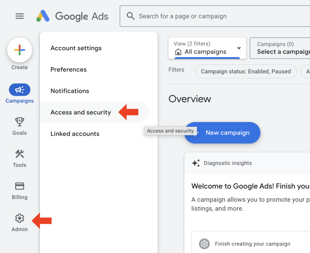 admin and security access on google ads dashboard