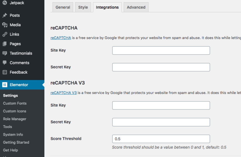Elementor settings where to put ReCaptcha API Keys