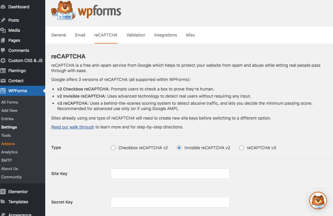reCaptcha wp forms how to add to settings
