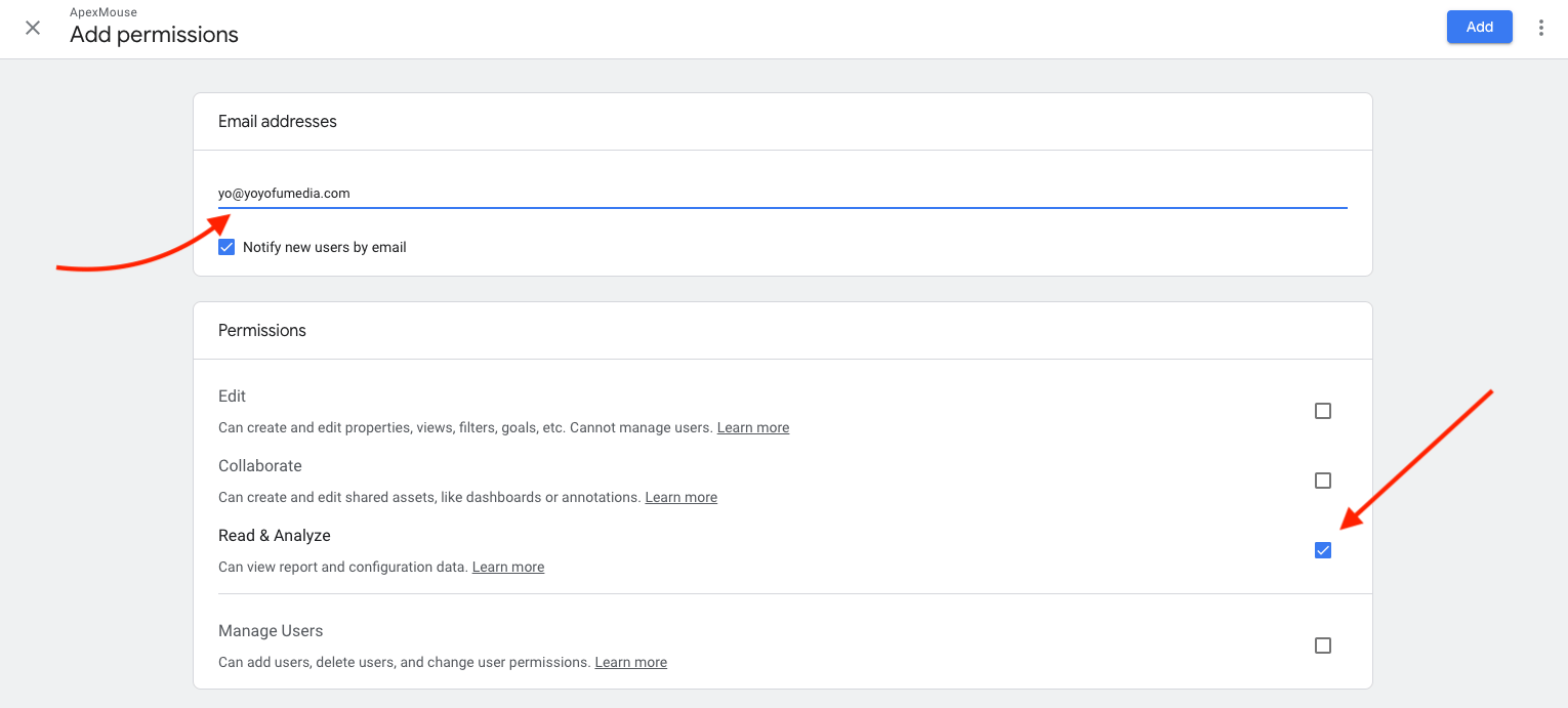 Google Analytics add read permission