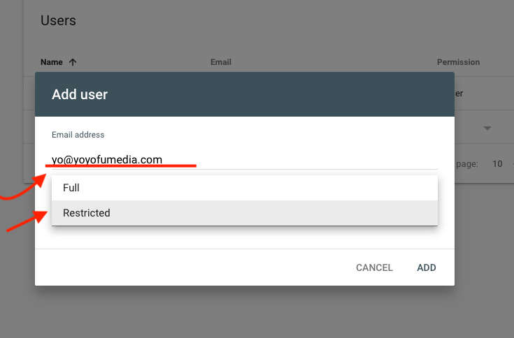 enter email address and permission level for google search console