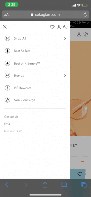 mobile side bar on Soko Glam website
