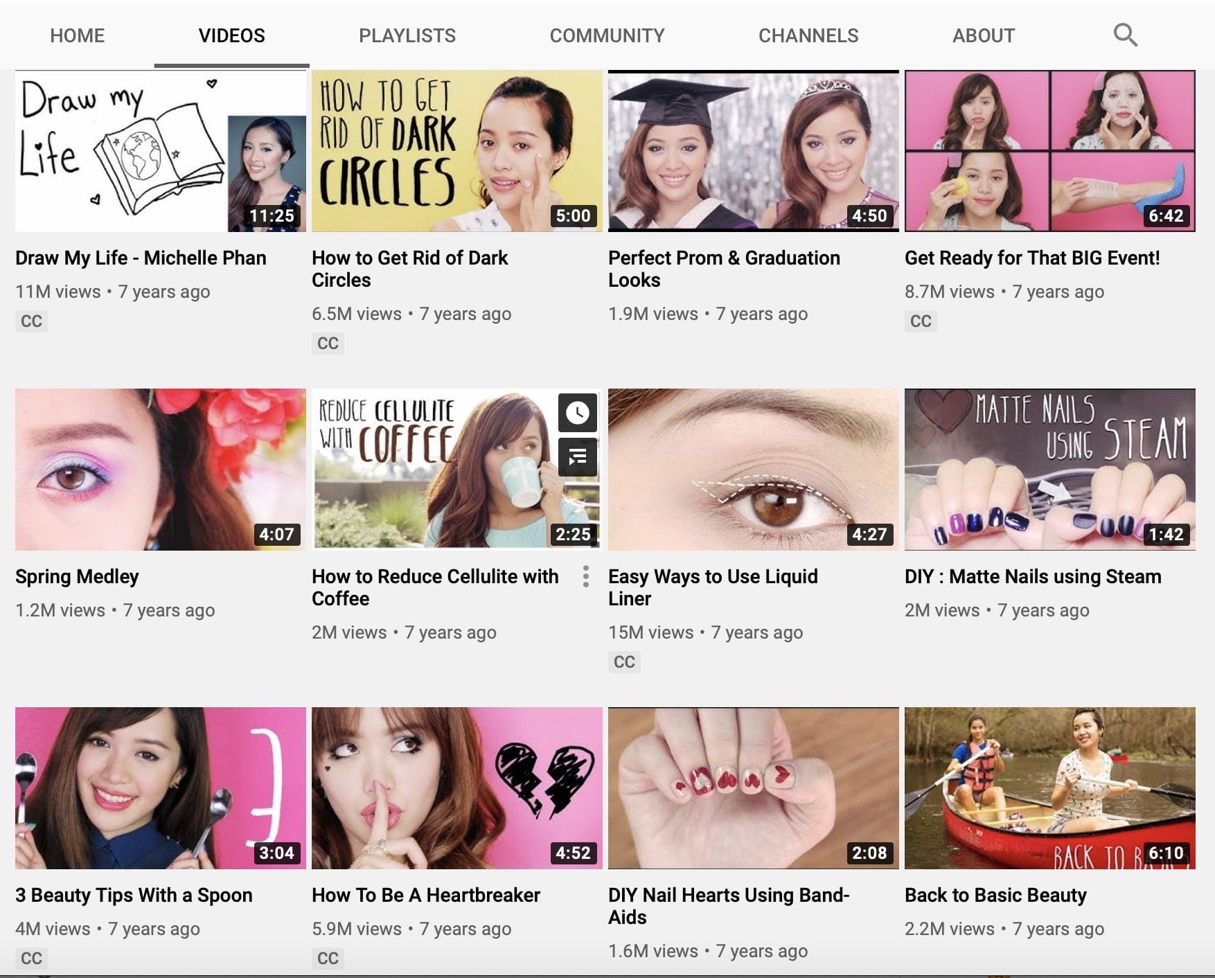 screenshot of Michelle's youtube uploads