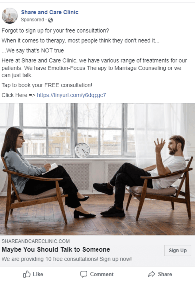 Remarketing ad with a man sitting down to talk to a female therapist