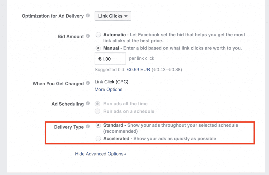 Facebook ads delivery options