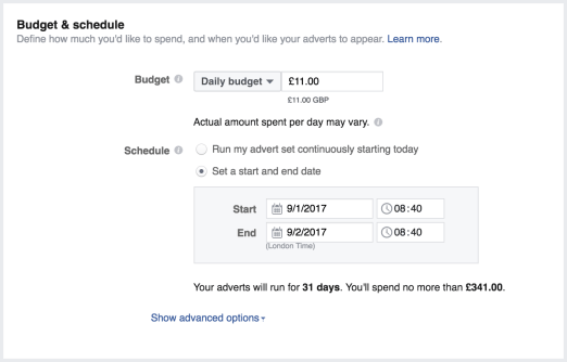 Facebook ads budget and schedule