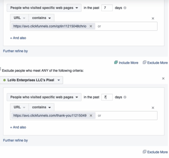 FB custom audience website traffic selection