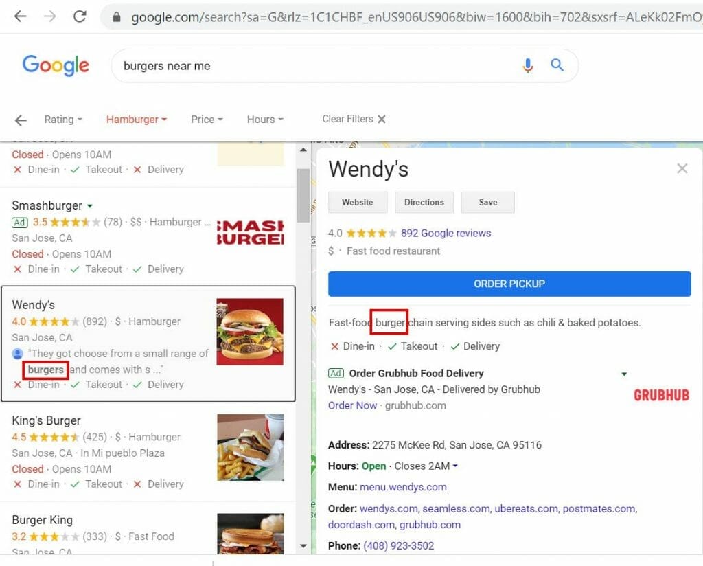 google map pack seo burgers keyword