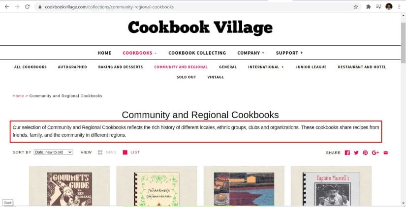 cookbook village collection page content description