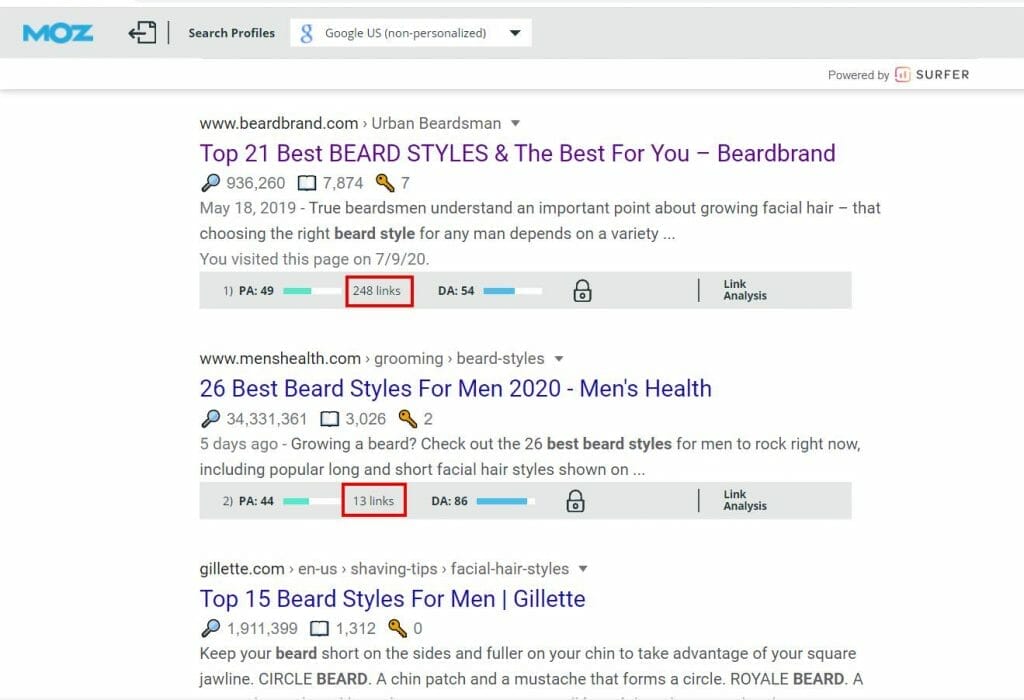 using mozbar to see number of backlinks of search results