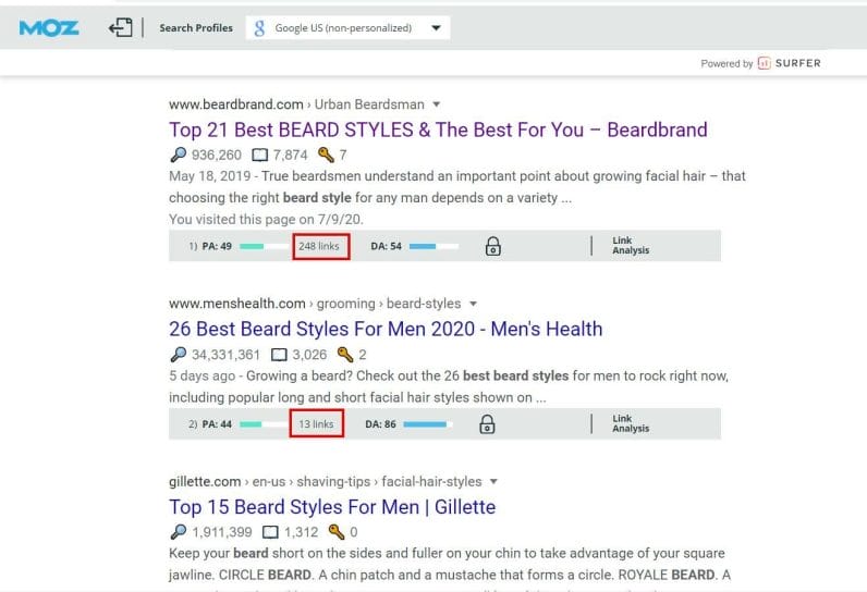 using mozbar to see number of backlinks of search results