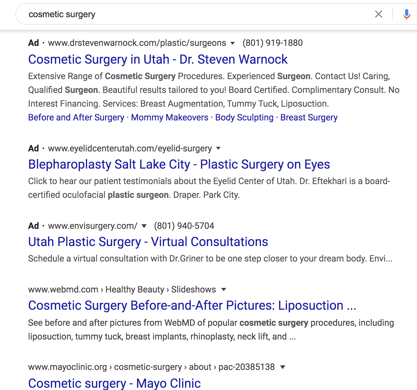 Cosmetic Surgery SEO vs PPC - google ad for plastic surgery practice