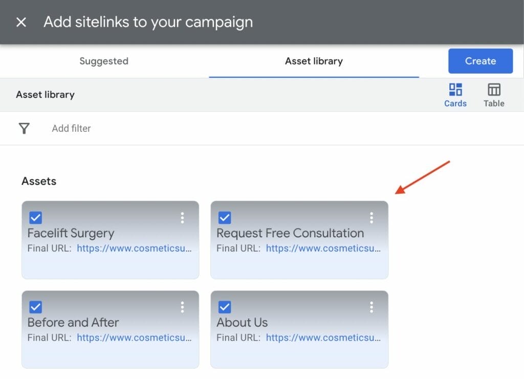 adding sitelinks to plastic surgery practice campaign