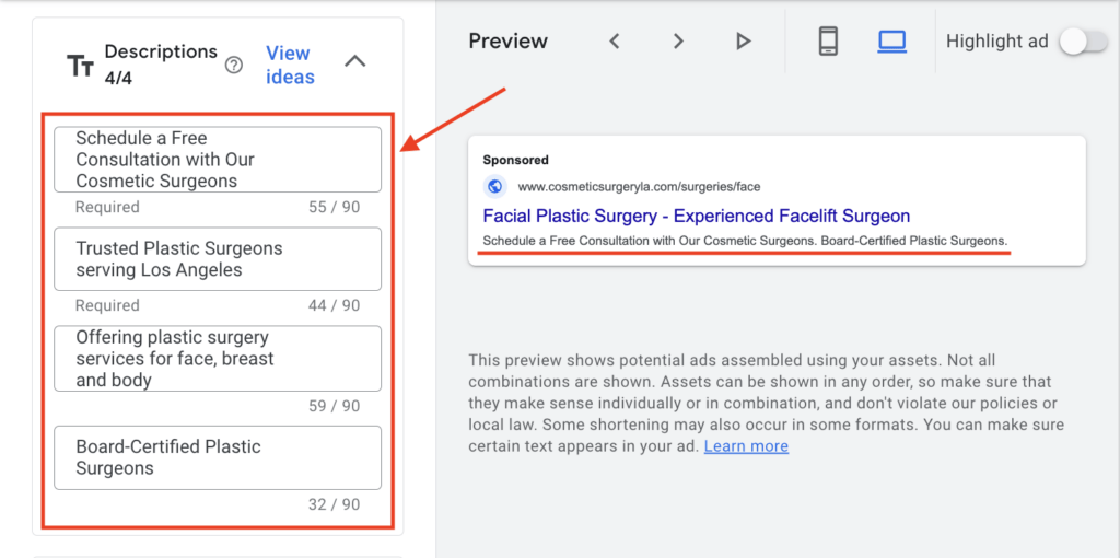 descriptions for plastic surgeons campaign