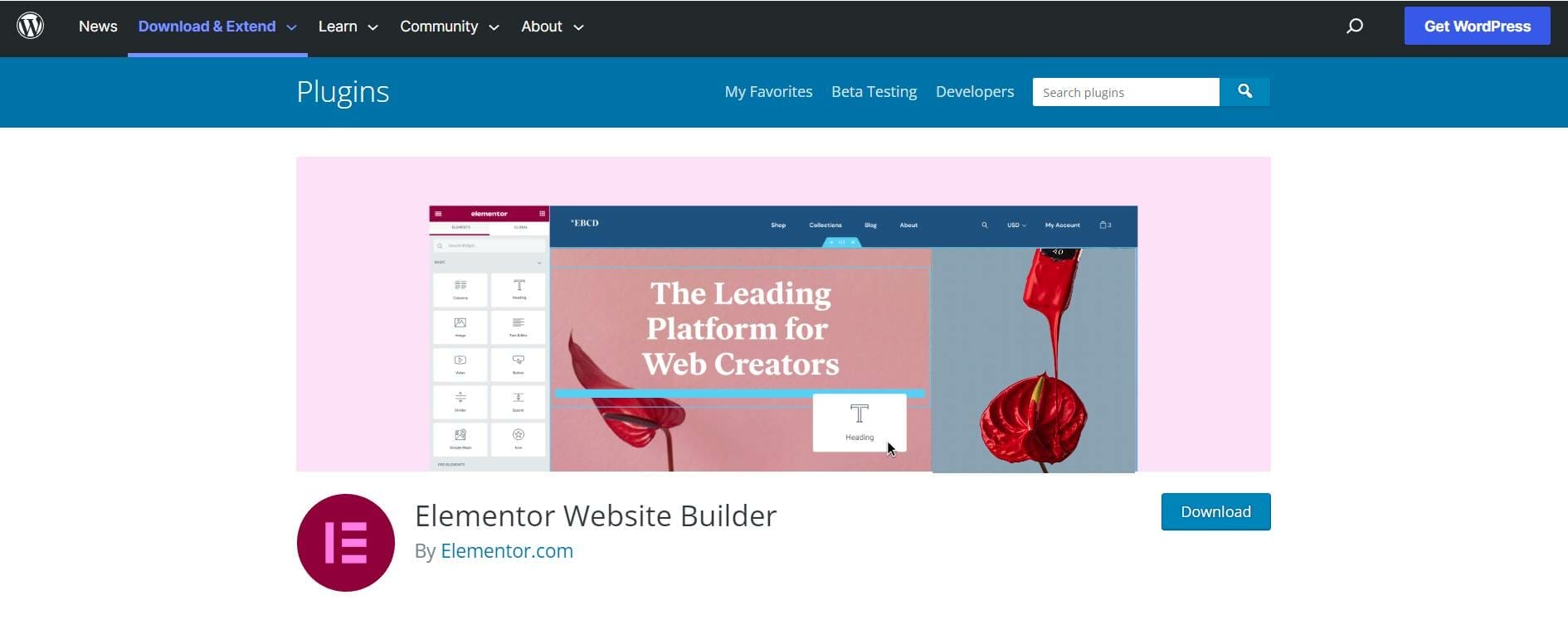 Elementor plugin on WordPress