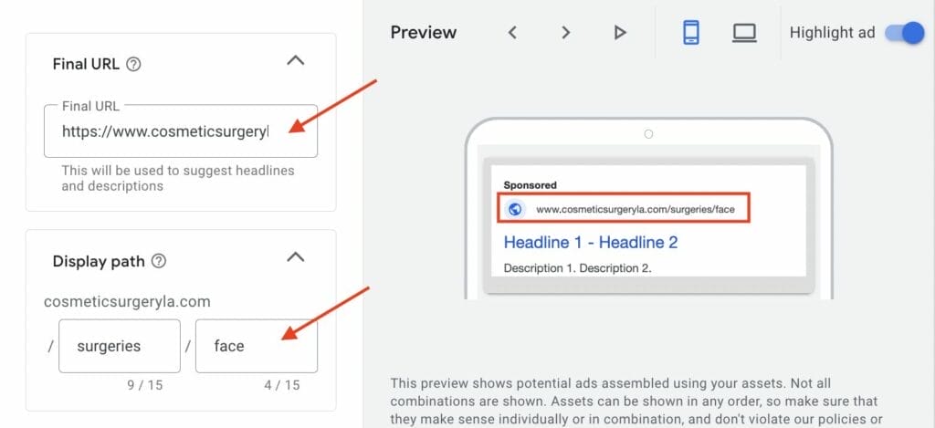 final url and display path for plastic surgery practice campaign