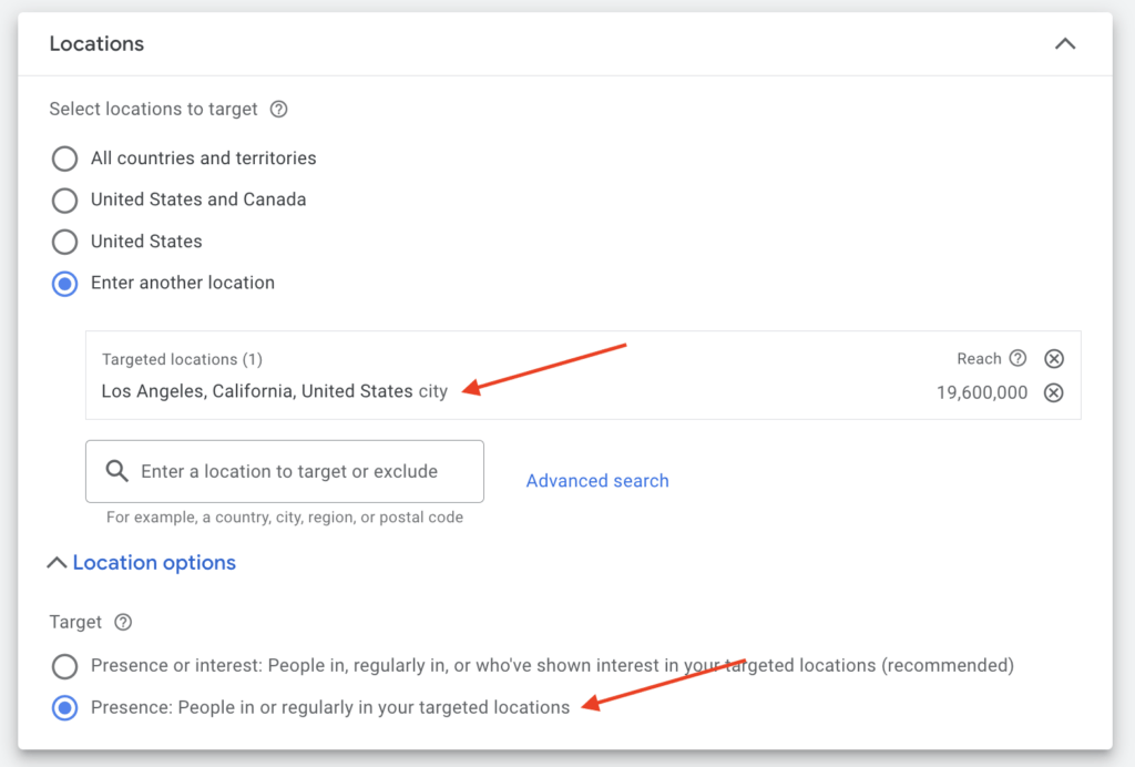 location target settings for LA