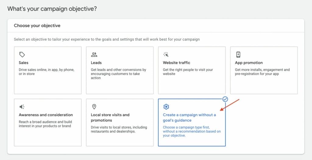 selecting create a campaign without objective