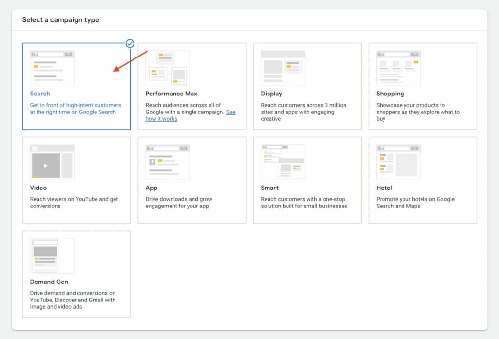 selecting search as campaign
