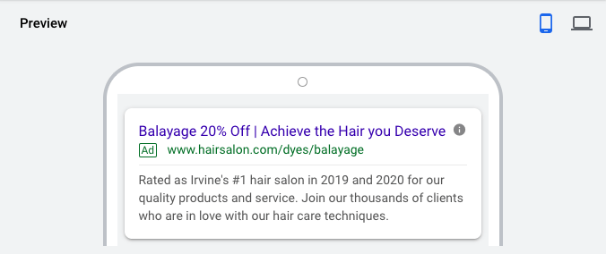 Ad Example for Google ads for Hair salons