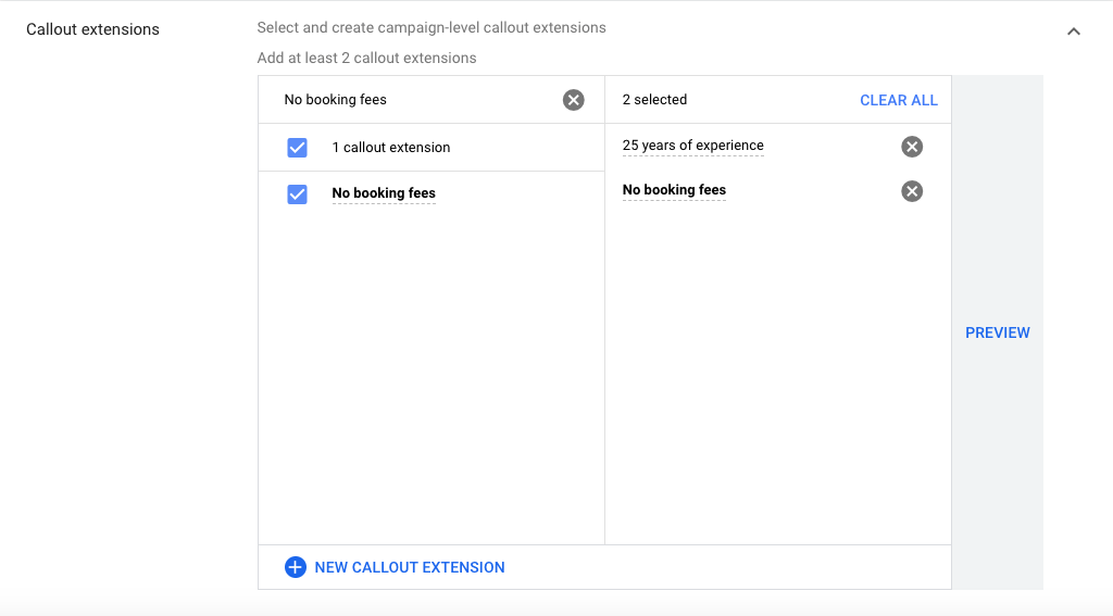 Callout Extensions for Google ads for hair salons