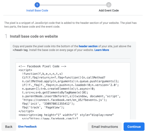 Code for installing facebook pixel
