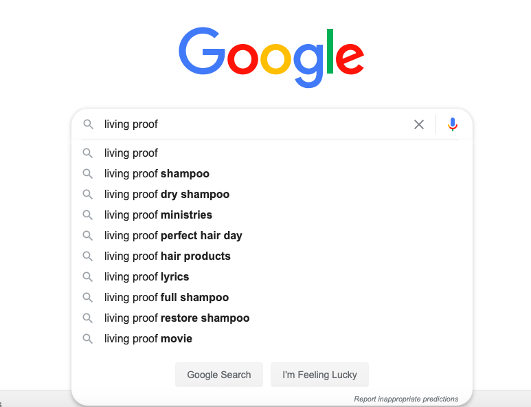 Living Proof in the Google Search bar- Blogging for hair salons