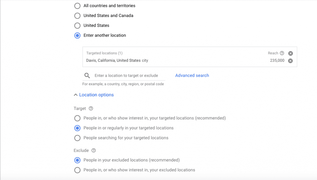 Location Options for Google ads for Hair Salons