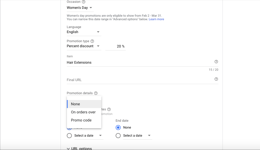 Promotion Extension Settings for Google ads for hair salons
