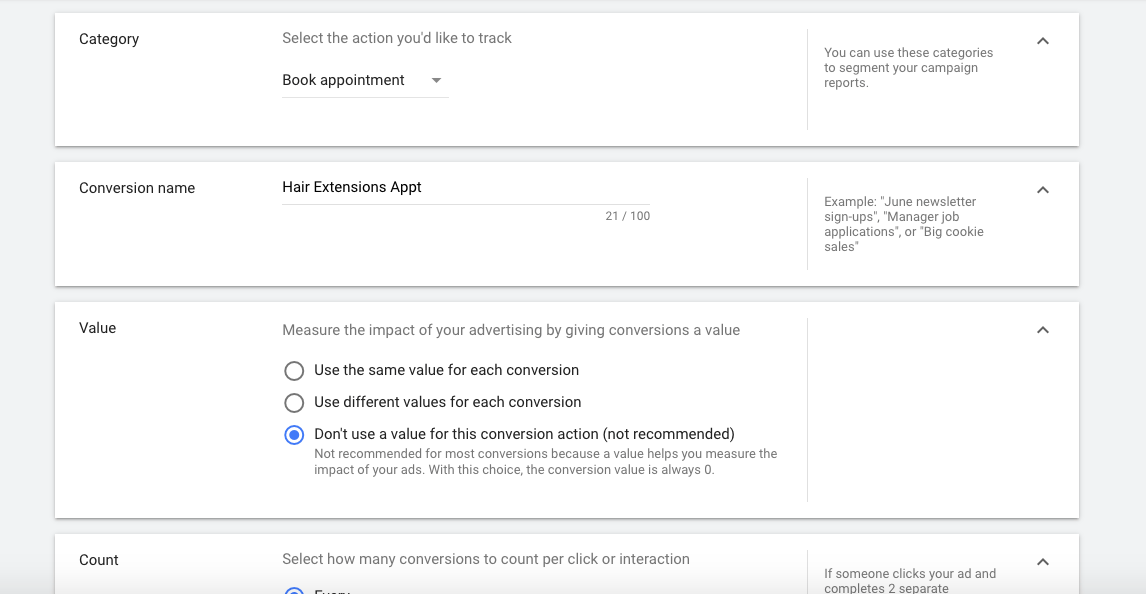 Conversion Tracking Set Up for Google ads for hair salons