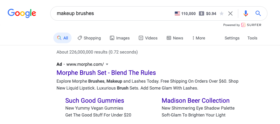 Generic Search ad example- Makeup brushes