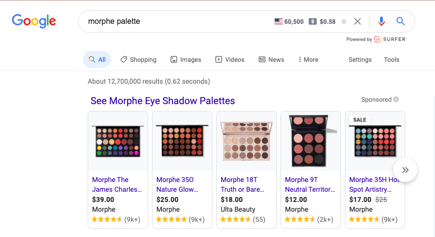 Google Shopping Ad Branded Example- Morphe palette 