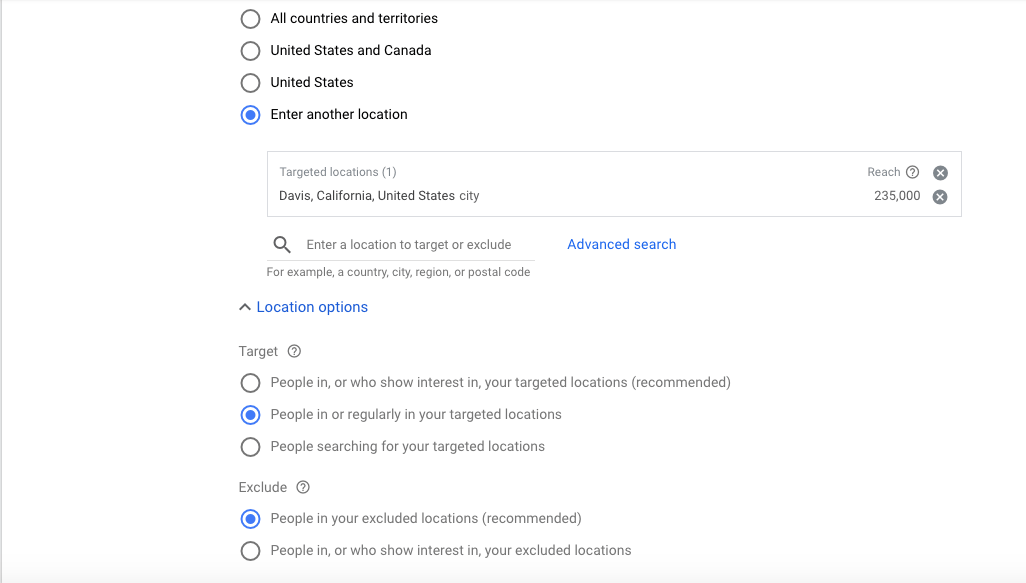 Location Options for Google ads