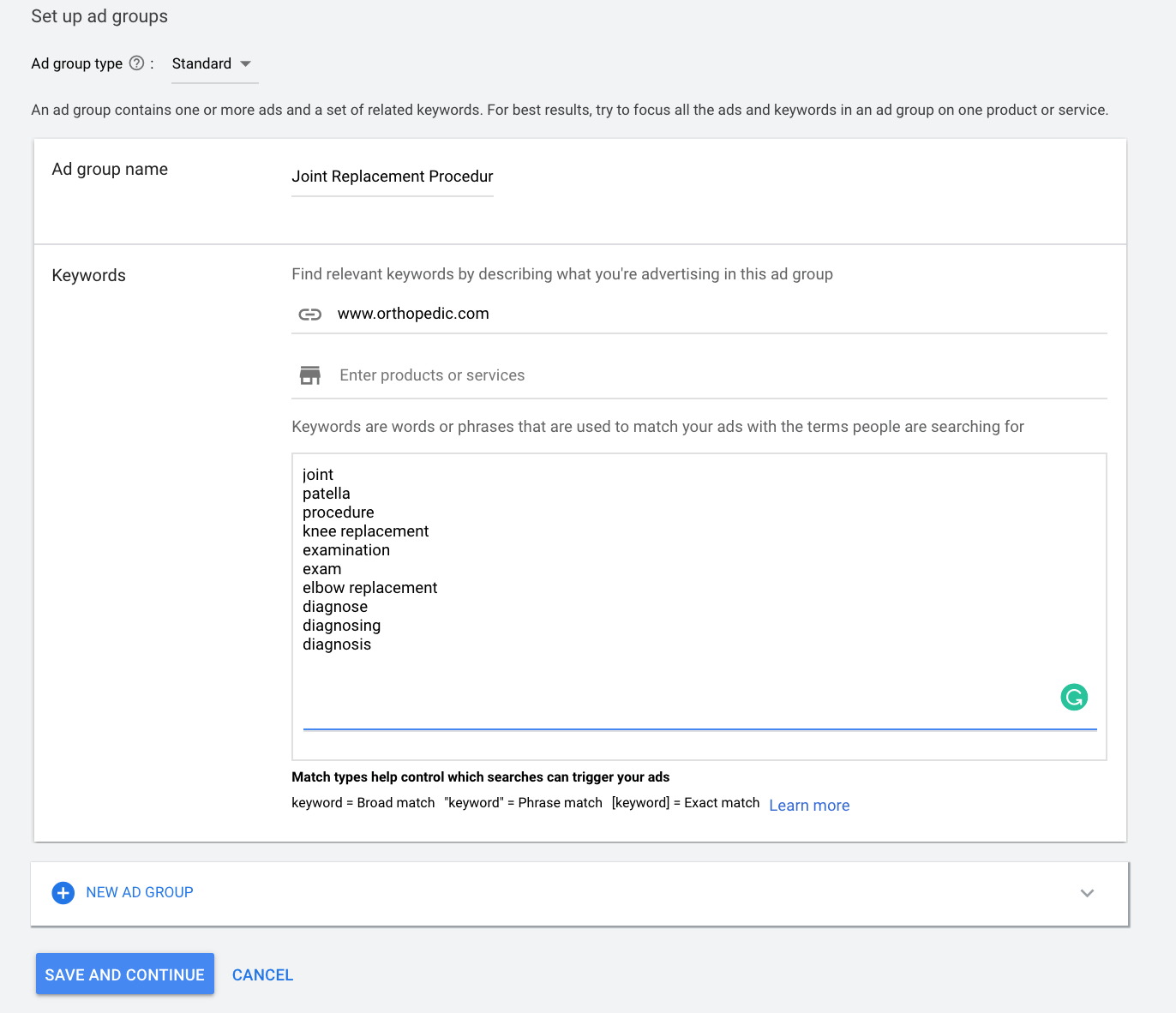 Ortho Ad Groups with keywords