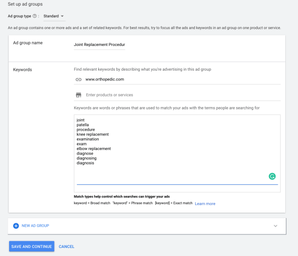 Ortho Ad Groups with keywords