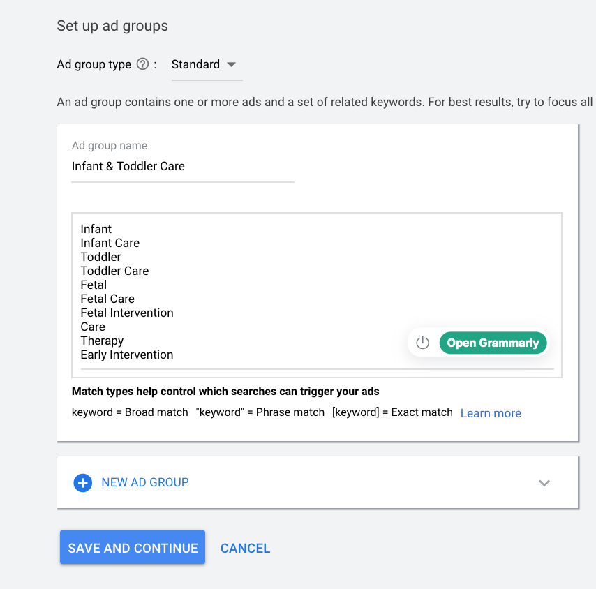 Pediatric ad groups with keywords