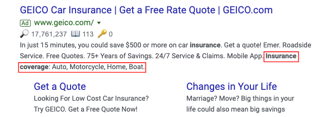 Structured Snippet Insurance Coverage example