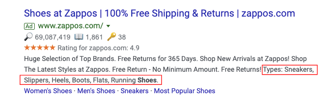 Structured Snippets vs Callout Extensions examples