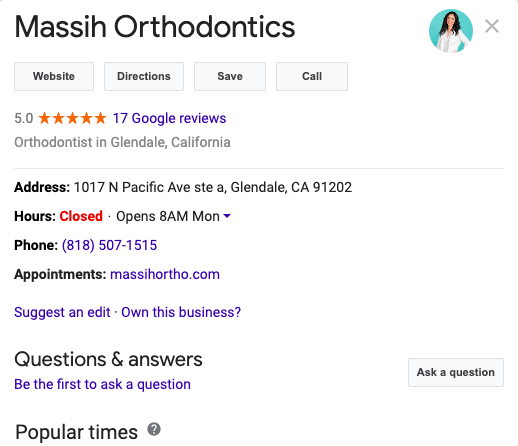 Google My Business Example of an Orthodontics Practice