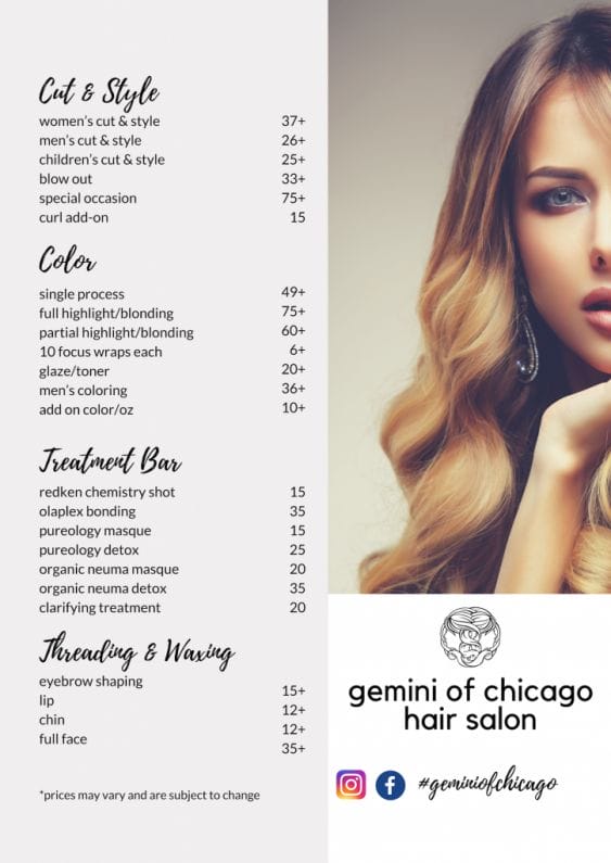 seo hair salon services menu