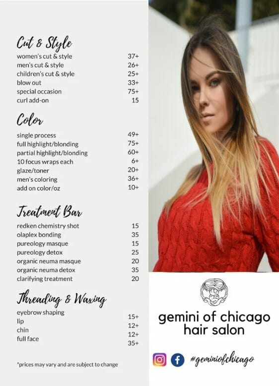 SEO hair salon services price list