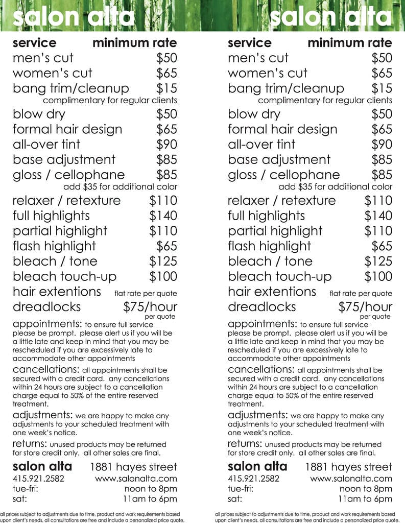 salon seo services menu