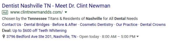 Ad Extensions for Dentists example