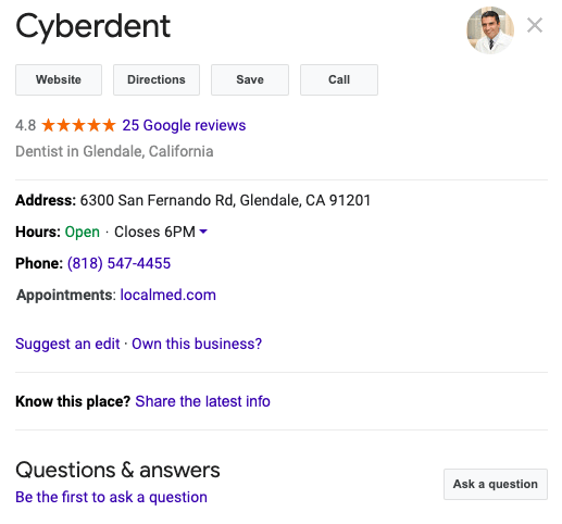 Google My Business Dentist profile