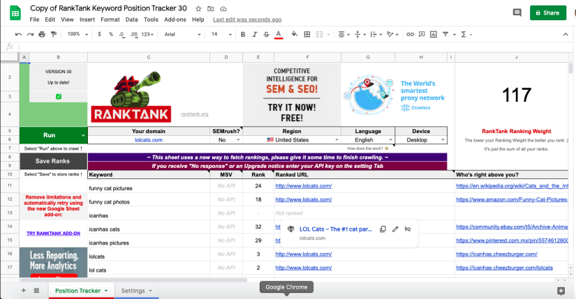 RankTank Keyword Position Tracker Google Sheet