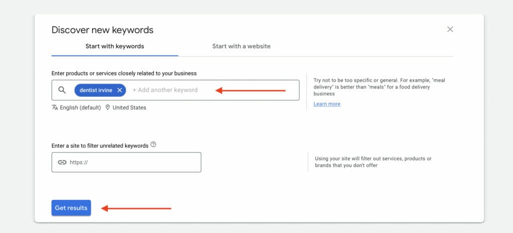 adding keywords using dentists irvine from keyword planner