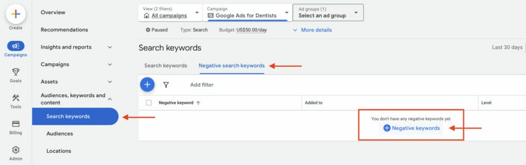 adding negative keywords for dentists ppc