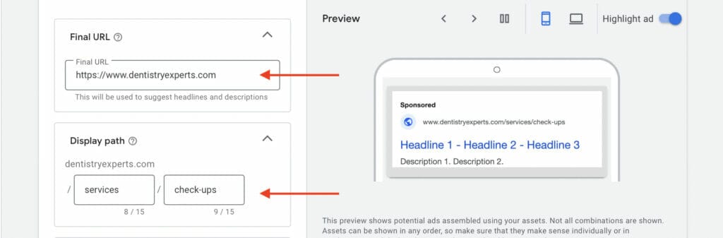 final url and display path for dentists