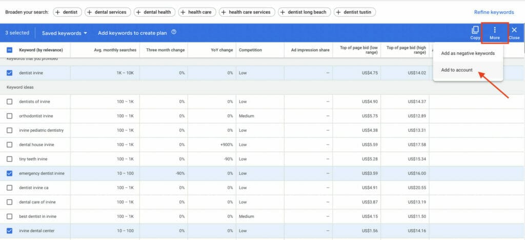 how to add keywords to account for ppc dentists