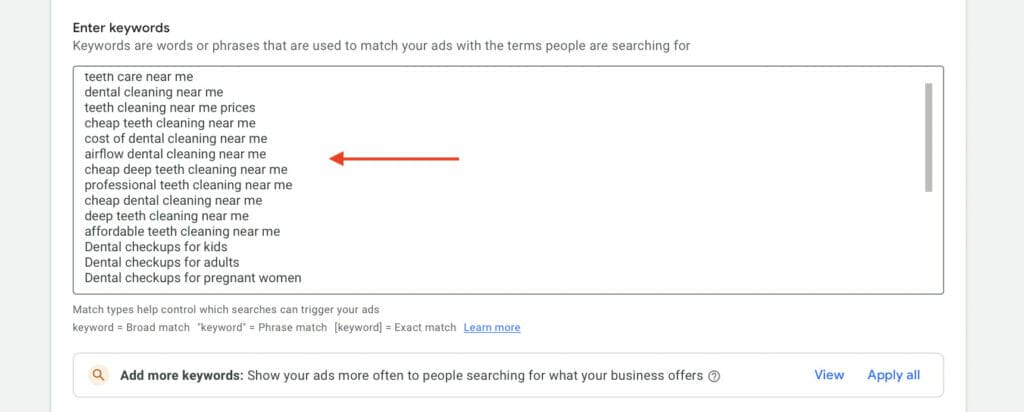 keyword suggestions for dentists ppc